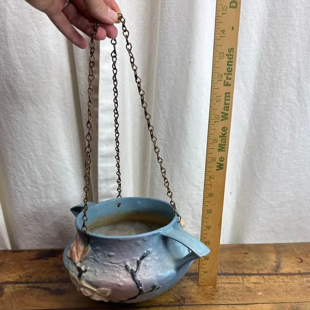 Roseville Pottery Vintage Blue Magnolia Hanging Basket Planter Floral Handles